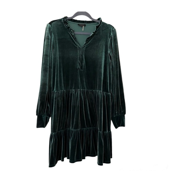 1. State Dark Green Velvet Velour Split Neck Dress - Picture 1 of 4